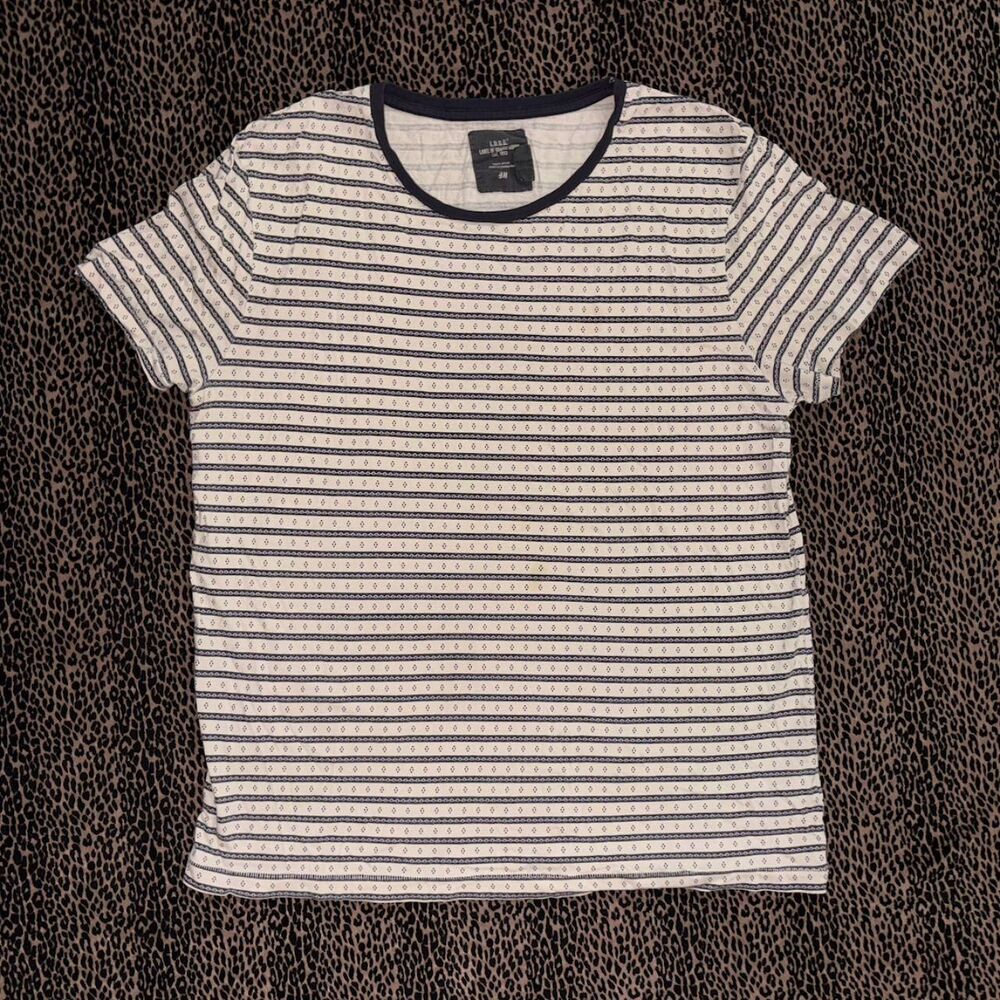 Vintage L.O.G.G. H&M Blue Cream Striped T-Shirt Size L 90s Y2K